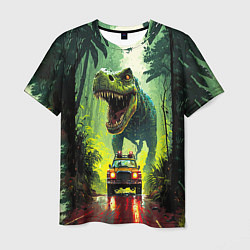 Мужская футболка Динозавр в погоне за машиной в джунглях