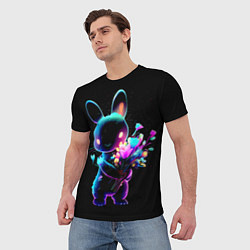 Футболка мужская Неоновый заяц с цветами, цвет: 3D-принт — фото 2