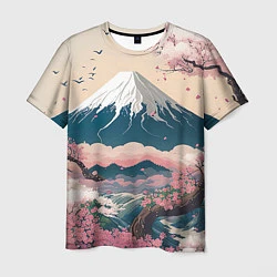Мужская футболка Японский пейзаж: цветение сакуры у горы Фудзияма