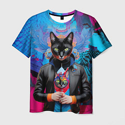 Футболка мужская Чёрная модница кошка - нейросеть, цвет: 3D-принт