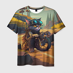 Мужская футболка Кот на мотоцикле - байкер