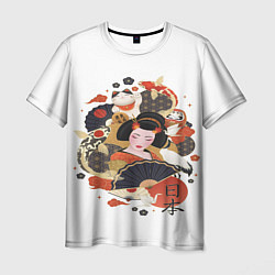 Мужская футболка Японская гейша с котом