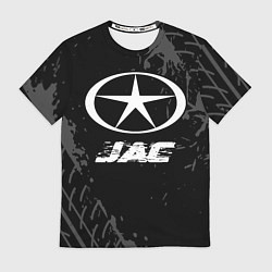 Мужская футболка JAC speed на темном фоне со следами шин