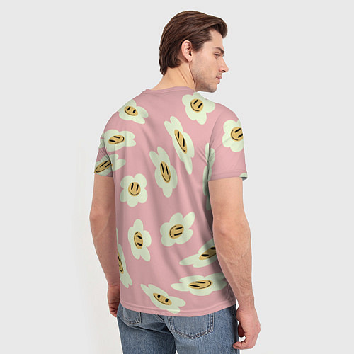 Мужская футболка Искаженные смайлы-цветы на розовом паттер / 3D-принт – фото 4