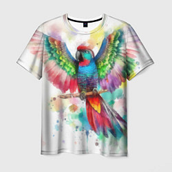 Мужская футболка Разноцветный акварельный попугай с расправленными