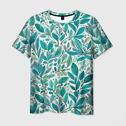 Мужская футболка Нежные акварельные листья, голубые и зеленые