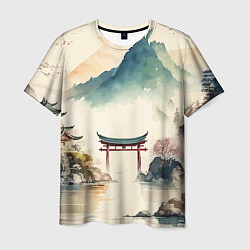 Мужская футболка Японский пейзаж - акварель