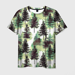 Мужская футболка Хвойный лес - акварель в зеленых тонах
