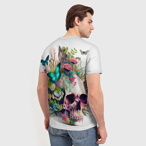 Мужская футболка Красивый череп с листьями и бабочками / 3D-принт – фото 4