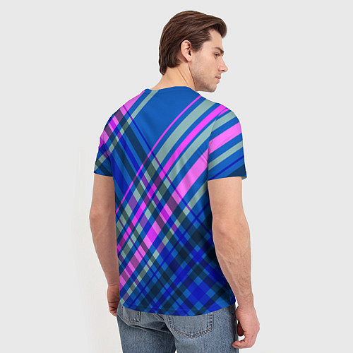 Мужская футболка Синий ассиметричный узор с розовыми косыми полосам / 3D-принт – фото 4