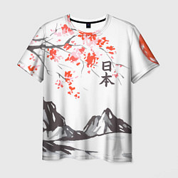 Мужская футболка Цветущая сакура и солнце - Япония