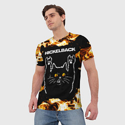 Футболка мужская Nickelback рок кот и огонь, цвет: 3D-принт — фото 2