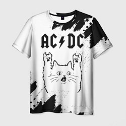Мужская футболка AC DC рок кот на светлом фоне