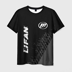 Мужская футболка Lifan speed на темном фоне со следами шин: надпись