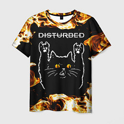 Мужская футболка Disturbed рок кот и огонь