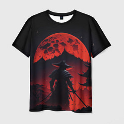 Мужская футболка Самурай, деревня и луна - мрачный