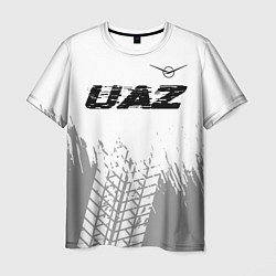 Мужская футболка UAZ speed на светлом фоне со следами шин: символ с