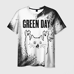 Мужская футболка Green Day рок кот на светлом фоне
