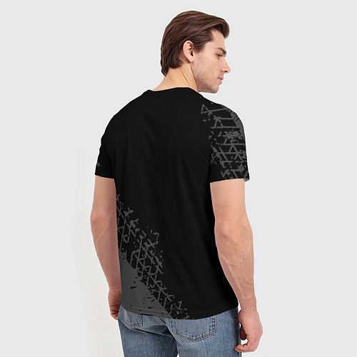 Мужская футболка Geely speed на темном фоне со следами шин: надпись / 3D-принт – фото 4