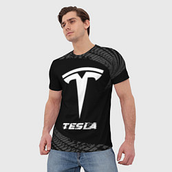 Футболка мужская Tesla speed на темном фоне со следами шин, цвет: 3D-принт — фото 2