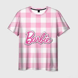 Мужская футболка Барби лого розовая клетка