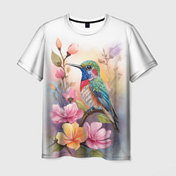 Мужская футболка Колибри и цветы - акварель
