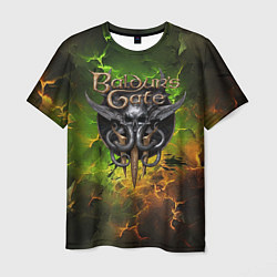 Мужская футболка Baldurs Gate 3 logo dark green fire