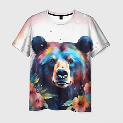 Мужская футболка Портрет медведя гризли с цветами акварелью
