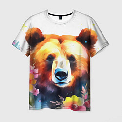 Мужская футболка Морда медведя гризли с цветами акварелью