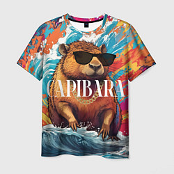 Мужская футболка Капибара в очках на красочных волнах