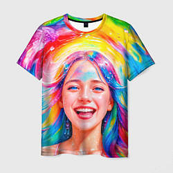 Мужская футболка Девушка с красочными волосами в каплях воды