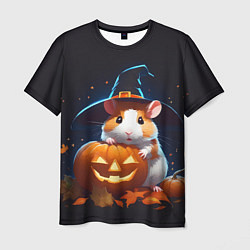 Мужская футболка Хомяк в шляпе ведьмы и тыква на Хэллоуин