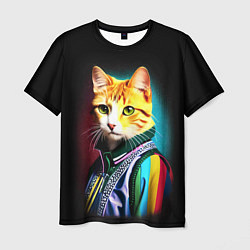 Мужская футболка Модный рыжий кот - неон - поп-арт