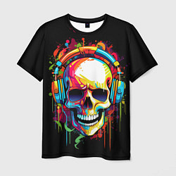 Мужская футболка Яркий череп в наушниках нарисованный красками