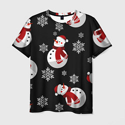 Мужская футболка Снеговички в зимних шапочках со снежинками