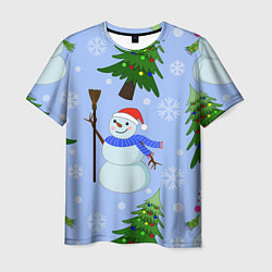 Мужская футболка Снеговики с новогодними елками паттерн