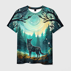 Мужская футболка Волк в ночном лесу фолк-арт
