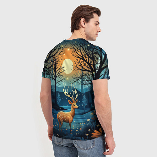 Мужская футболка Олень в ночном лесу фолк-арт / 3D-принт – фото 4