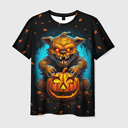 Мужская футболка Halloween - страшный медведь с тыквой