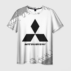 Мужская футболка Mitsubishi speed на светлом фоне со следами шин
