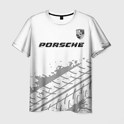 Мужская футболка Porsche speed на светлом фоне со следами шин посер