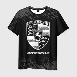 Мужская футболка Porsche speed на темном фоне со следами шин