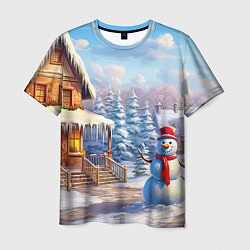 Мужская футболка Новогодняя деревня и снеговик