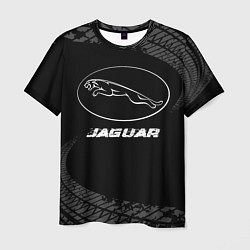 Мужская футболка Jaguar speed на темном фоне со следами шин