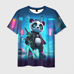 Мужская футболка Панда кибер самурай в ночном Нью-Йорке