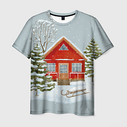 Мужская футболка Красный дом в зимнем лесу