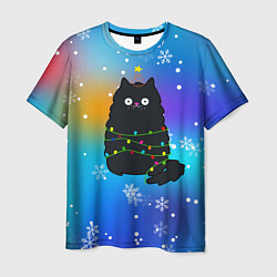 Мужская футболка Новогодний котик и снежинки