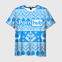 Футболка мужская Порнхаб - новогодний синий паттерн, цвет: 3D-принт