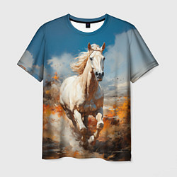 Мужская футболка Белая лошадь скачет в поле