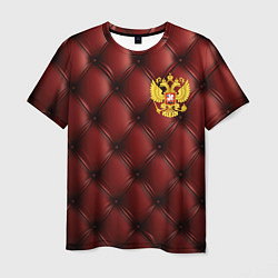 Мужская футболка Золотой герб России на красном кожаном фоне